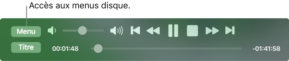 Le bouton Menu est situé dans le coin supérieur gauche des commandes de lecture de Lecteur DVD. Cliquez sur le bouton Menu pour accéder aux menus du disque.