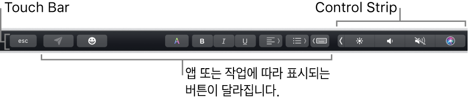 키보드 상단에 펼쳐진 Touch Bar와 오른쪽에 축소되어 표시된 Control Strip, 앱 또는 작업별로 달라지는 버튼.