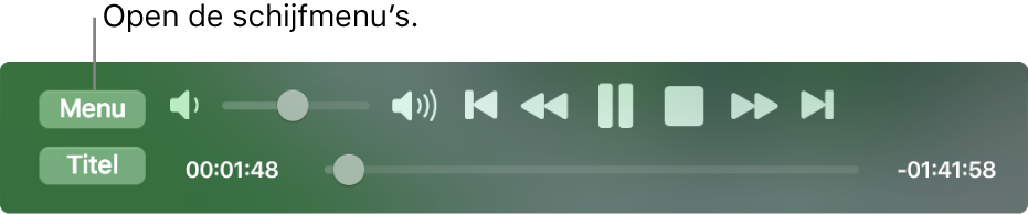 De Menuknop bevindt zich linksboven in de afspeelregelaars van Dvd-speler. Klik op de menuknop voor toegang tot de schijfmenu's.