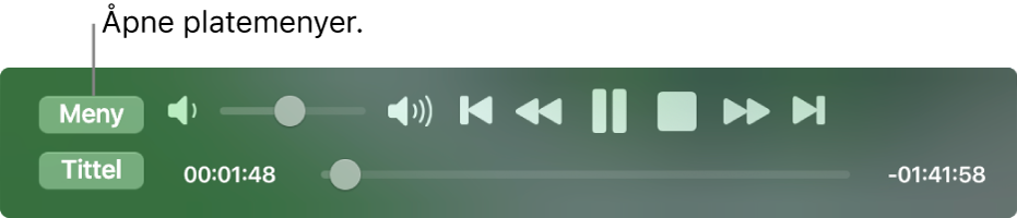 Menu-knappen er øverst til venstre i avspillingskontrollene i DVD-spiller. Klikk på Menu-knappen for å få tilgang til platemenyer.