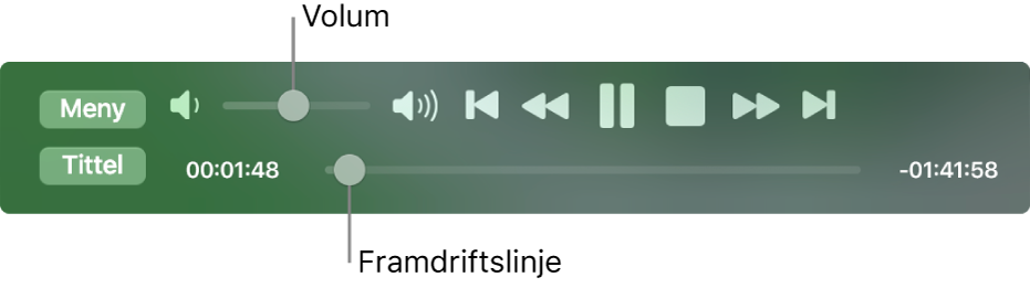 Avspillingskontrollene i DVD-spiller, med volum-skyveknappen oppe til venstre og tidslinjen nederst. Flytt framdriftshåndtaket i tidslinjen for å hoppe til en annen scene i filmen.