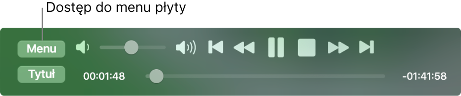 Przycisk Menu widoczny w lewym górnym rogu narzędzi odtwarzania, wyświetlanych przez Odtwarzacz DVD. Kliknij w przycisk menu, aby wybierać menu płyty.