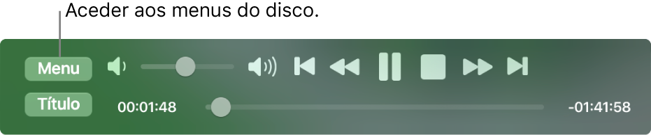 O botão Menu encontra-se no canto superior esquerdo dos controlos de reprodução do Leitor de DVD. Clique no botão Menu para aceder aos menus do disco.