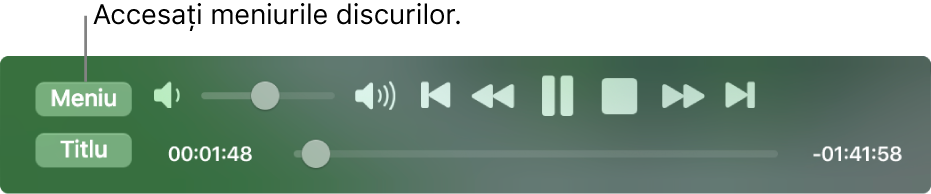 Butonul Meniu se află în colțul din stânga sus al comenzilor de redare DVD Player. Faceți clic pe butonul Meniu pentru a accesa meniurile discului.
