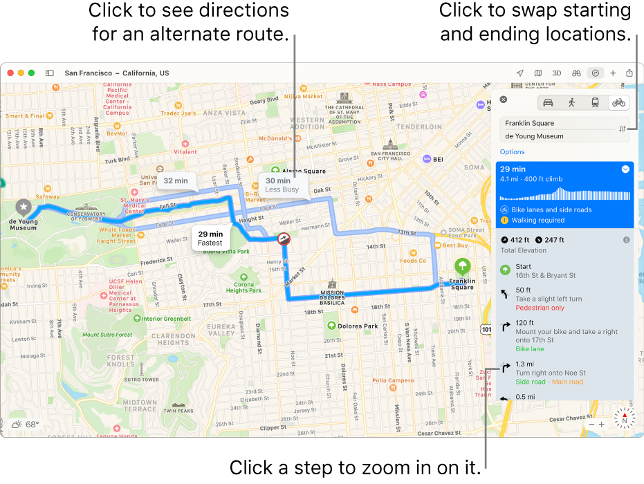 A map of San Francisco with directions for a bicycle route, including elevation and traffic.