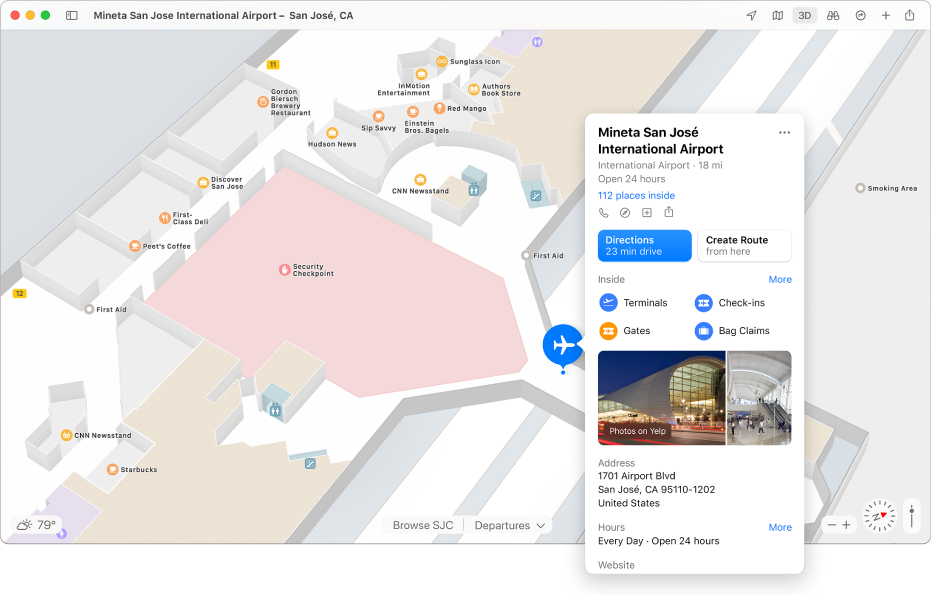 A map of San Jose International Airport with an information card showing drive time, address, hours, and more info.