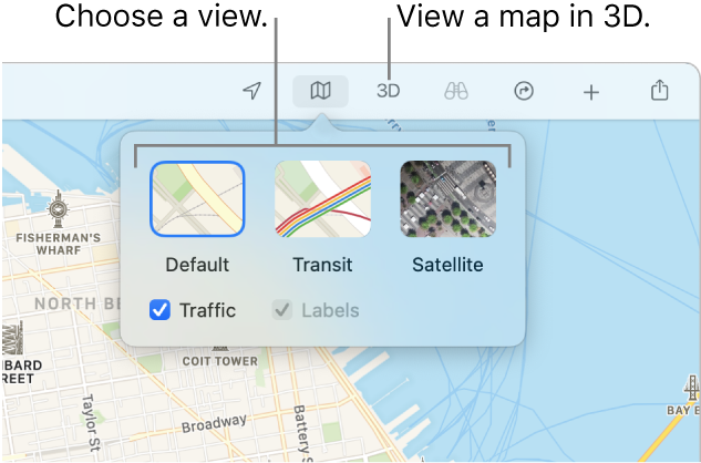 A map of San Francisco displaying map view options: Default, Transit, Satellite, and 3D.