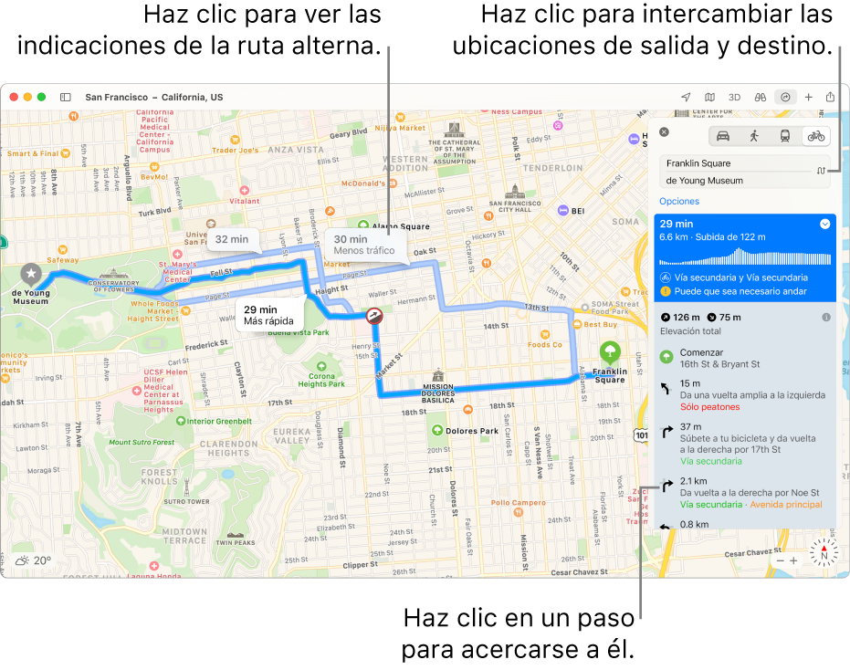 Un mapa de San Francisco con indicaciones de ruta en bicicleta, incluyendo la elevación y el tráfico.