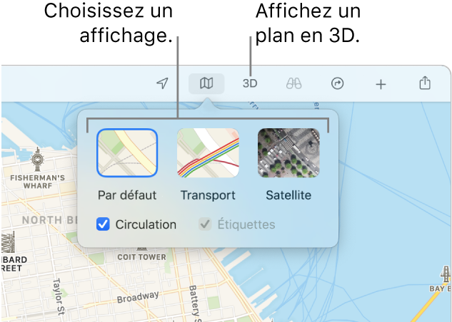 Un plan de San Francisco affichant des options d’affichage du plan : Par défaut, Transport, Satellite ou 3D.