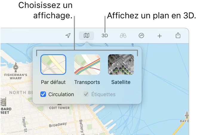 Un plan de San Francisco affichant les options d’affichage : « Par défaut », Transports, Satellite et 3D.