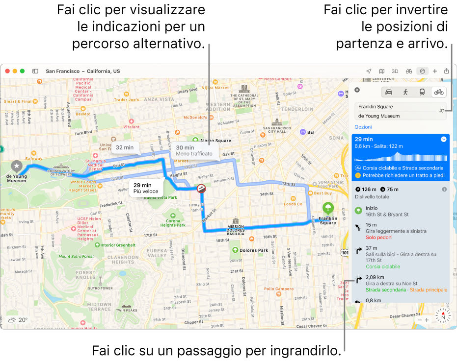 Una mappa di San Francisco con indicazioni per un itinerario in bici, inclusi dislivello e traffico.