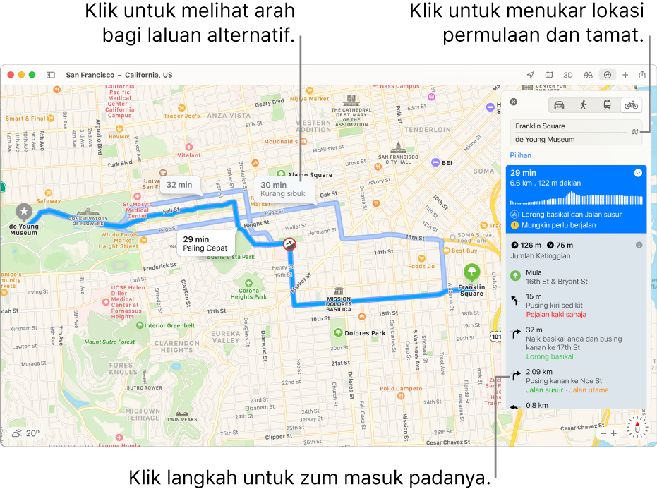 Peta San Francisco dengan arah untuk laluan basikal, termasuk ketinggian dan trafik.