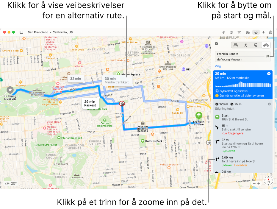 Et kart over San Francisco med en veibeskrivelse for syklende, inkludert informasjon om stigning og trafikk.