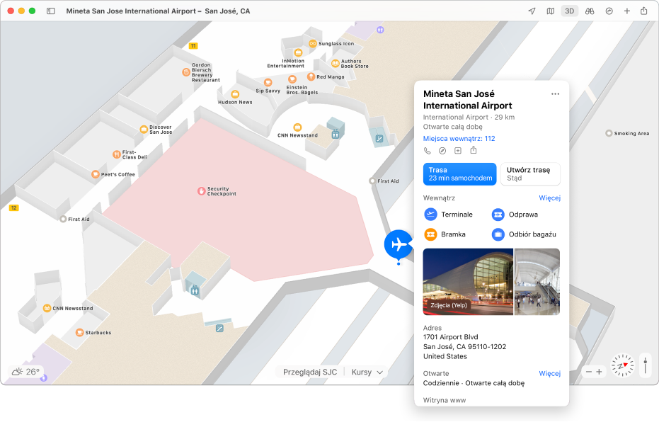 Mapa międzynarodowego portu lotniczego San Jose z kartą informacji przedstawiającą czas dojazdu, adres, godziny i inne informacje.