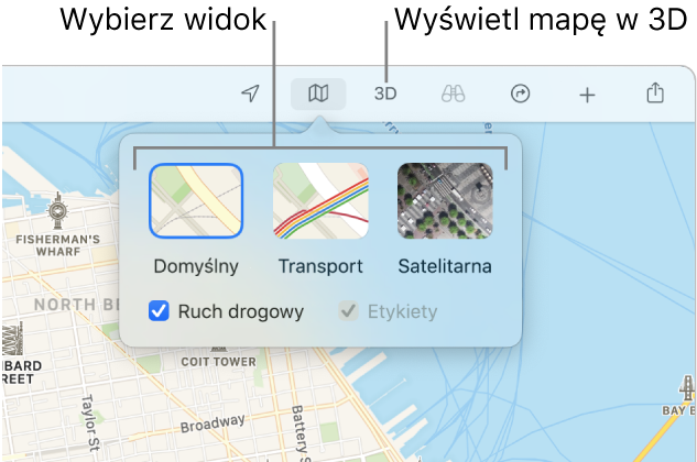 Mapa San Francisco wyświetlająca opcje widoku: Domyślna, Transport, Satelitarna oraz 3D.