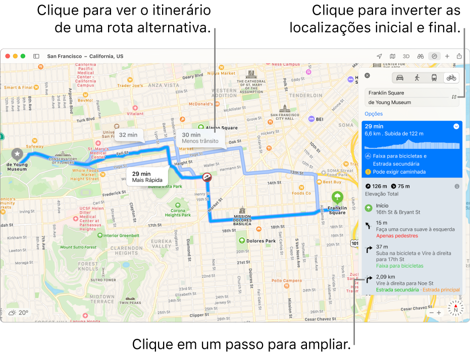 Um mapa de São Francisco com o itinerário de uma rota por bicicleta, incluindo a elevação e o trânsito.