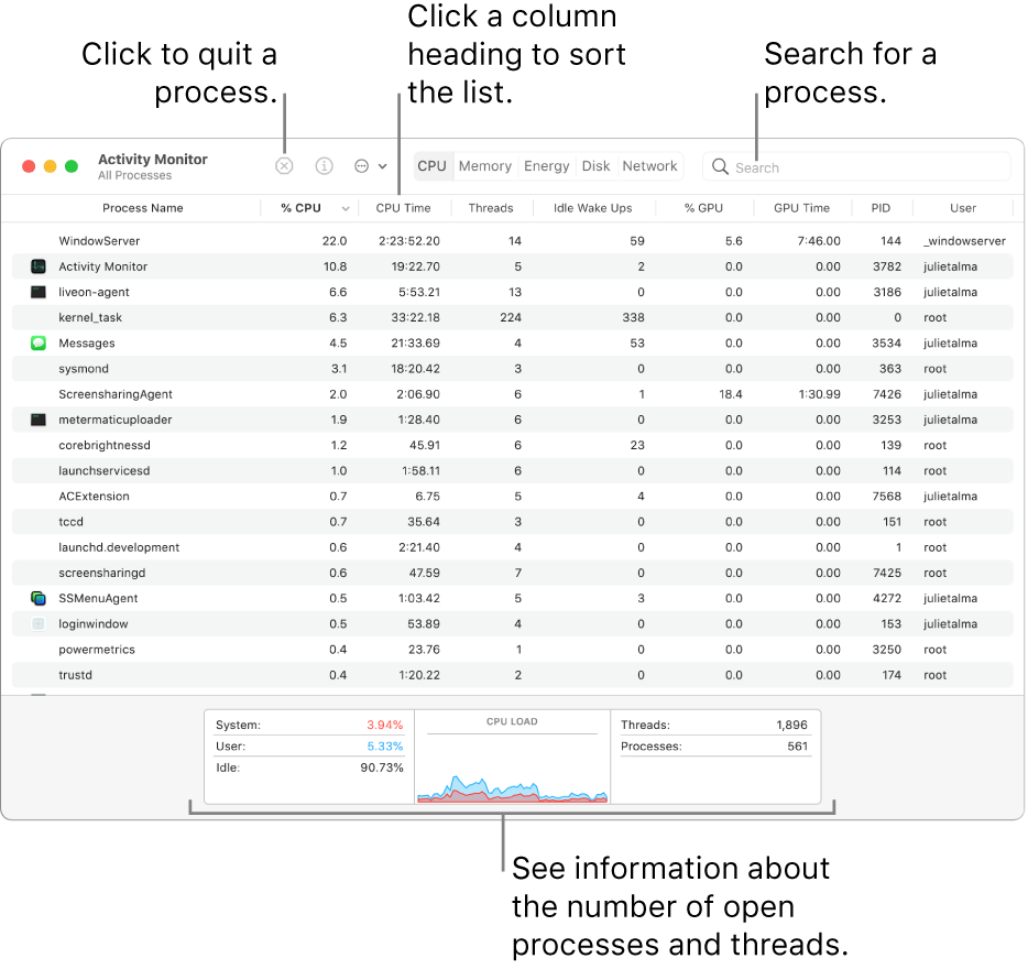 Activity Monitor window showing CPU activity. To quit a process, click the Force Quit button in the upper left. To sort data by a column, click the column heading. To search for a process, enter its name in the search field. At the bottom of the window, see information about the number of open processes and threads.