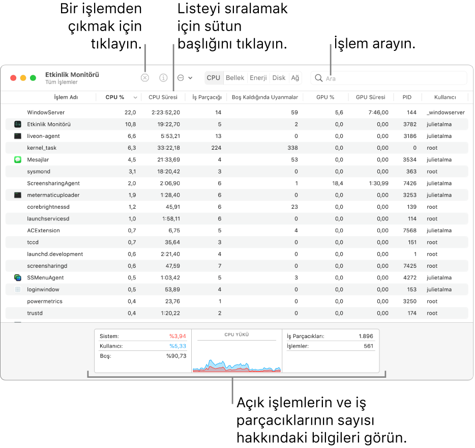 CPU etkinliğini gösteren Etkinlik Monitörü penceresi. Bir işlemden çıkmak için sol üst köşedeki Çıkmaya Zorla düğmesini tıklayın. Verileri sütuna göre sıralamak için sütun başlığını tıklayın. Bir uygulamayı aramak için adını arama alanına girin. Pencerenin en altında, açık işlem ve iş parçacığı sayısı hakkındaki bilgilere bakın.