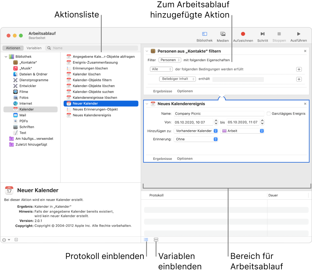 Das Automator-Fenster Die Bibliothek erscheint ganz rechts und enthält eine Liste der Apps, für die Automator Aktionen bereitstellt. Die App „Kalender“ ist in der Liste ausgewählt und für Kalender verfügbare Aktionen sind in der rechten Spalte aufgelistet. Auf der rechten Seite des Fensters befindet sich ein Arbeitsablauf, dem eine Kalenderaktion hinzugefügt wurde.