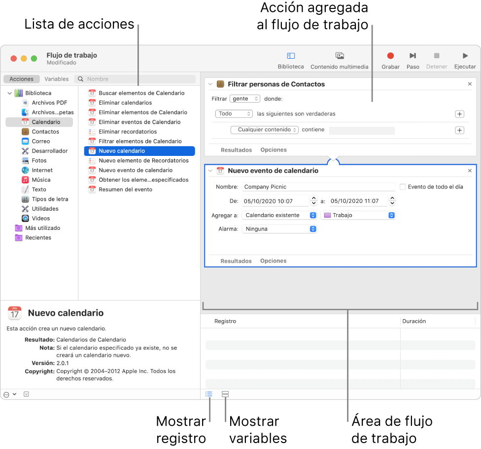 La ventana de Automator. La biblioteca aparece en el extremo izquierdo y contiene una lista de las apps para las que Automator proporciona acciones. La app Calendario está seleccionada en la lista, y las acciones disponibles para ella están en una columna a la derecha. En el lado derecho de la ventana hay un flujo de trabajo que tiene una acción de Calendario agregada.