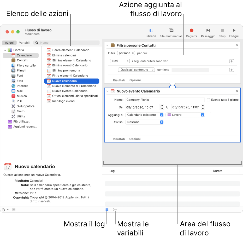 La finestra di Automator. La libreria viene visualizzata all’estremità sinistra e contiene un elenco di app, per le quali sono disponibili azioni in Automator. Nell’elenco è selezionata l’app Calendario e le azioni in essa disponibili sono elencate nella colonna a destra. Sul lato destro della finestra, è mostrato un flusso di lavoro a cui è stata aggiunta un’azione di Calendario.