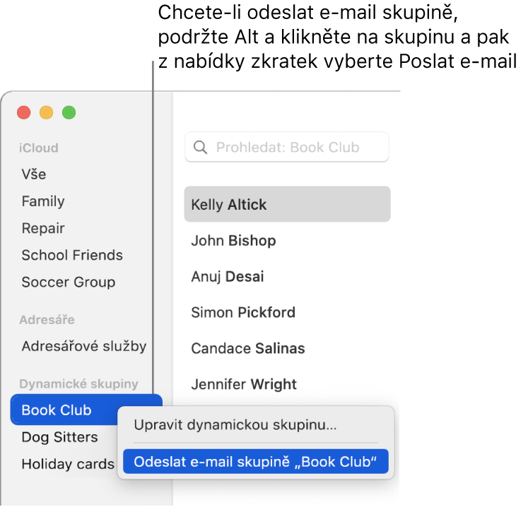 Boční panel Kontakty s otevřenou místní nabídkou obsahující příkaz pro odeslání e-mailu vybrané skupině