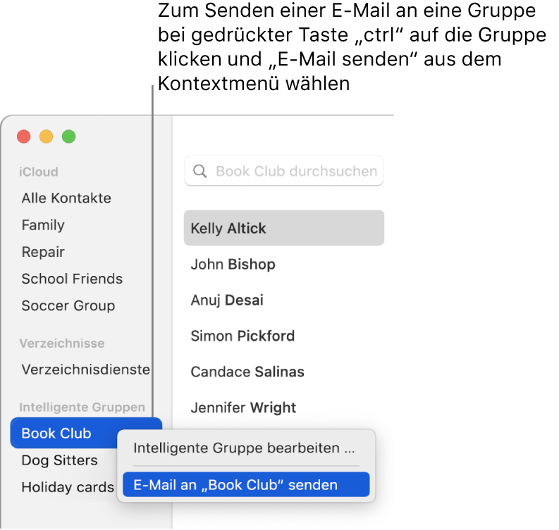 Die Seitenleiste der App „Kontakte“ mit dem Einblendmenü mit der Option zum Senden einer E-Mail an die ausgewählte Gruppe