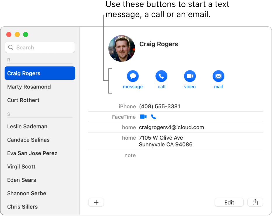 A contact card showing the buttons located below the contact’s name. You can use these buttons to start a text message, a phone, audio or video call, or an email.