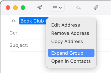 An email in Mail, showing a group in the To field and the pop-up menu showing the Expand Group command selected.