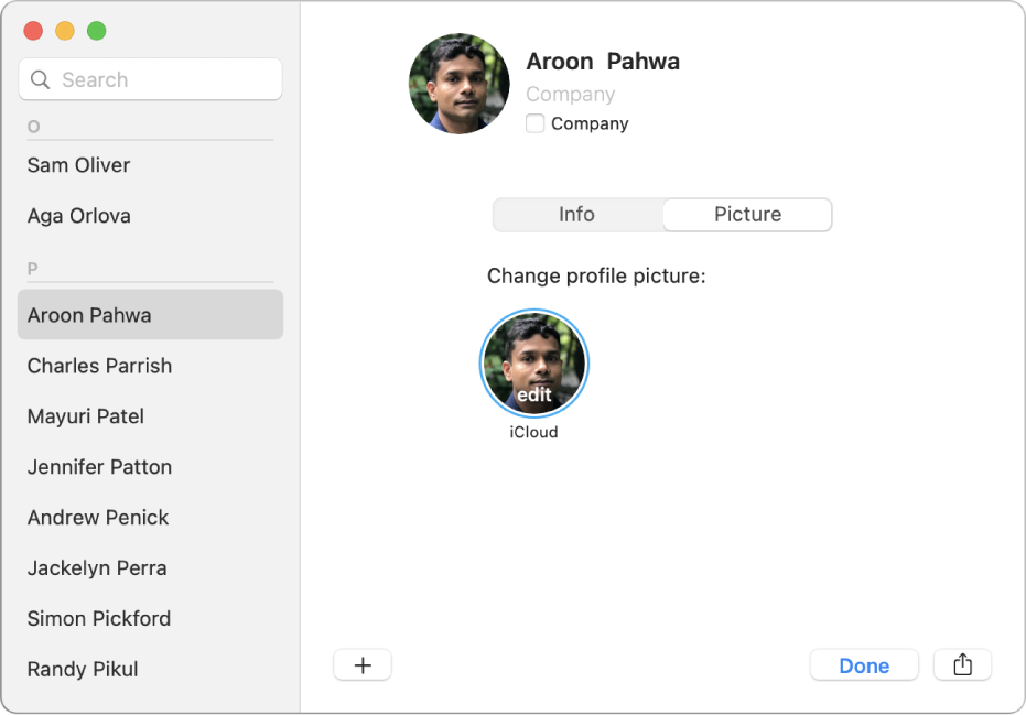 In the Contacts window, on the left, a contact is selected in the list of contacts. On the right, in the Picture pane of the contact’s card, is the contact’s profile picture that you click to change.