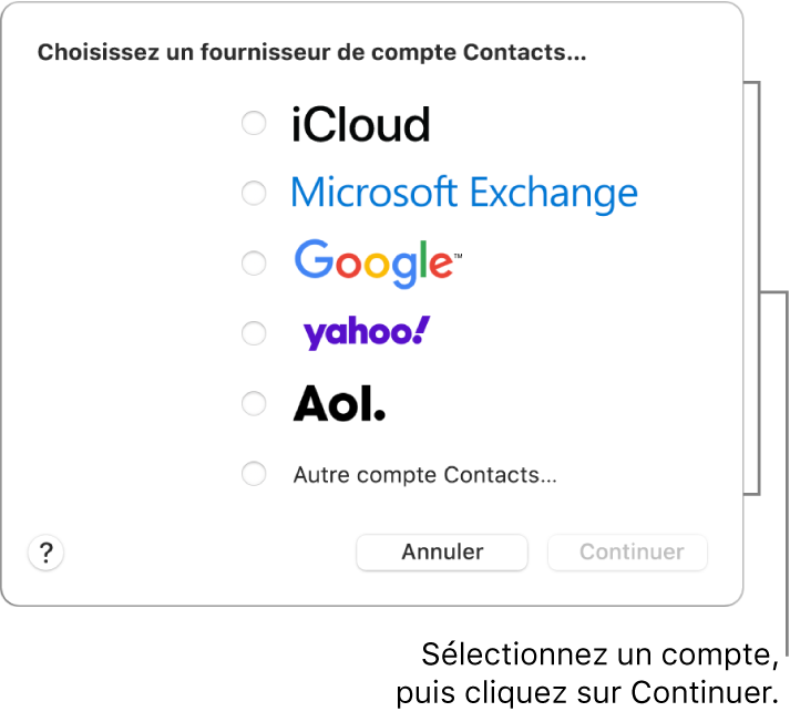 La liste des types de comptes Internet que vous pouvez ajouter à l’app Contacts : iCloud, Exchange, Google, Yahoo, AOL et Autre compte Contacts.