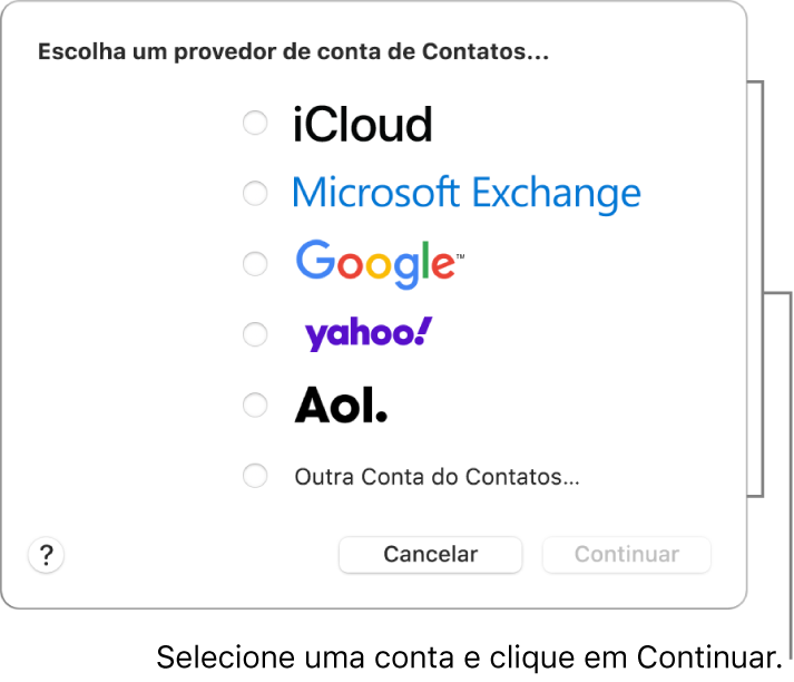 A lista de tipos de contas de internet que você pode adicionar ao app Contatos: iCloud, Exchange, Google, Yahoo, AOL e Outra Conta do Contatos.