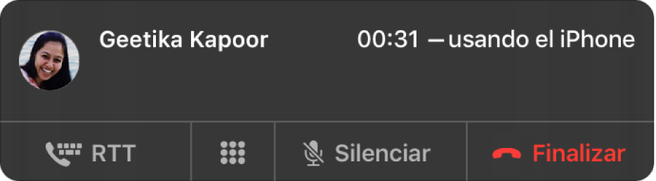 Una notificación de una llamada con RTT entrante.