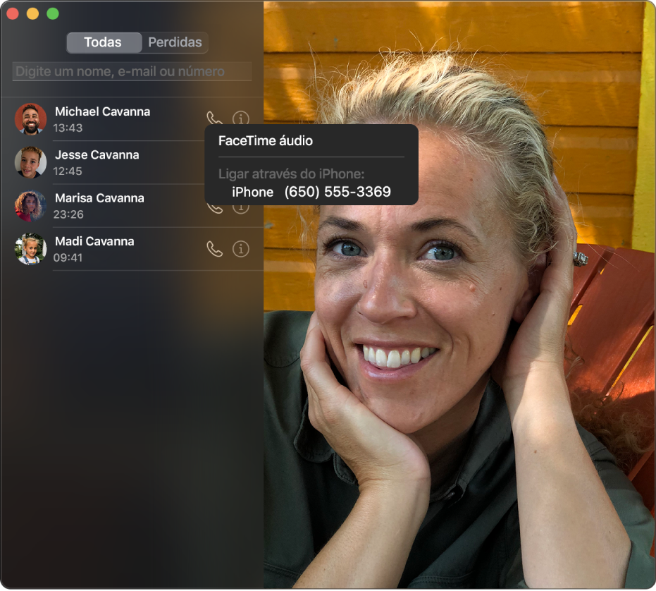 A janela do FaceTime a mostrar como efetuar uma chamada FaceTime áudio ou telefónica.