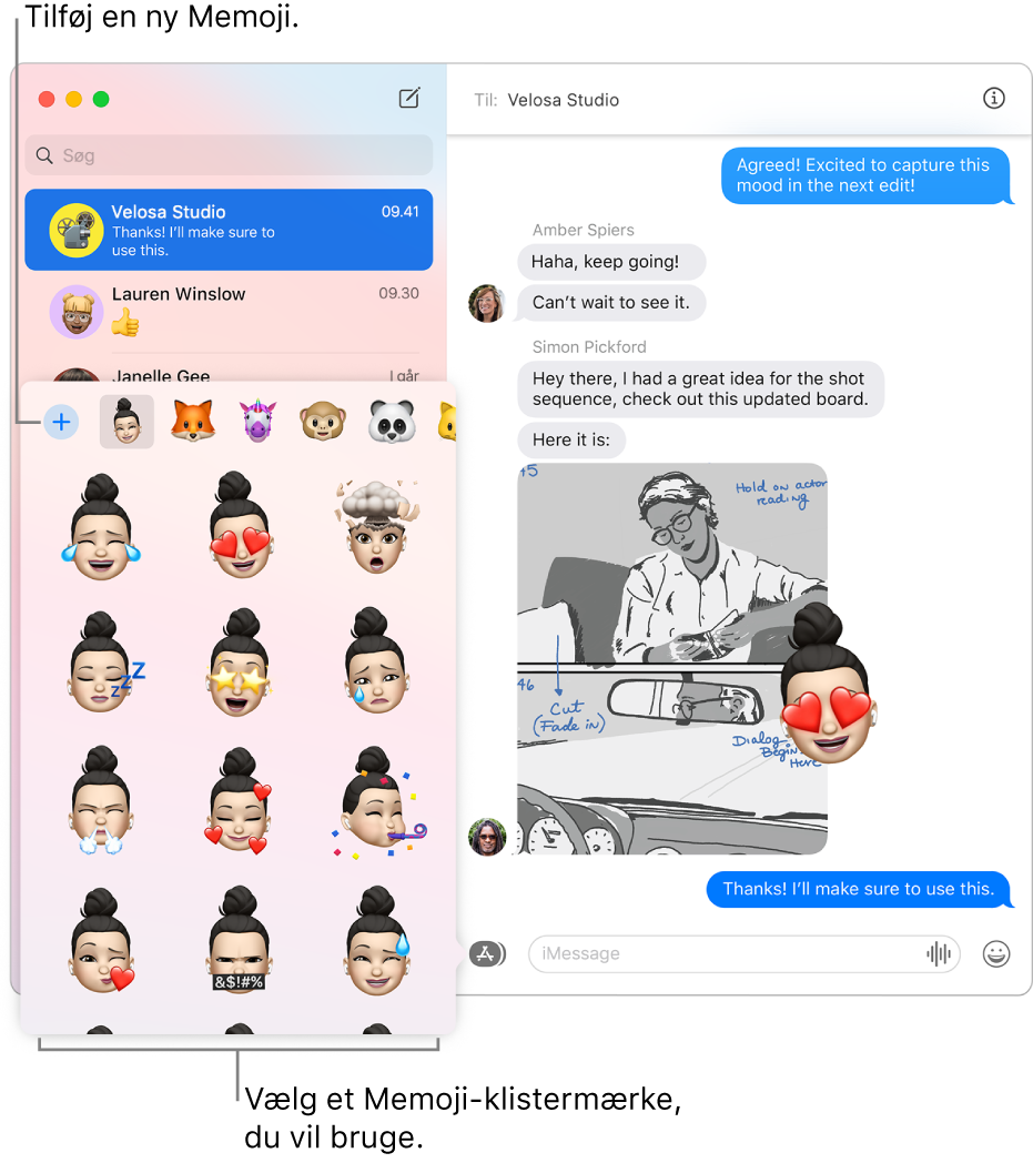 Vinduet Beskeder med flere samtaler i indholdsoversigten til venstre og en samtale til højre. Når du vælger Memoji-klistermærker med knappen Programmer, kan du vælge det Memoji-klistermærke, du vil bruge, eller oprette en ny Memoji.