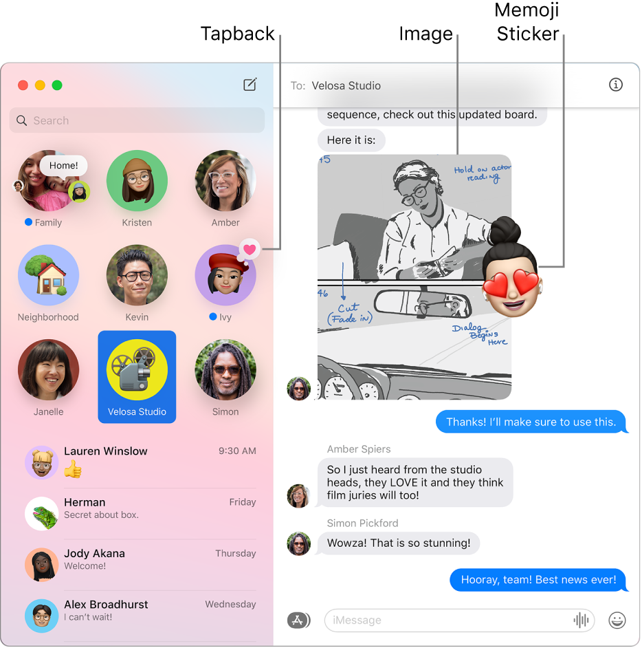 The Messages window with several conversations listed in the sidebar at the left, and a conversation showing at the right. A few items are highlighted: a Tapback above a pinned conversation on the left, and an image and Memoji sticker in the conversation on the right.