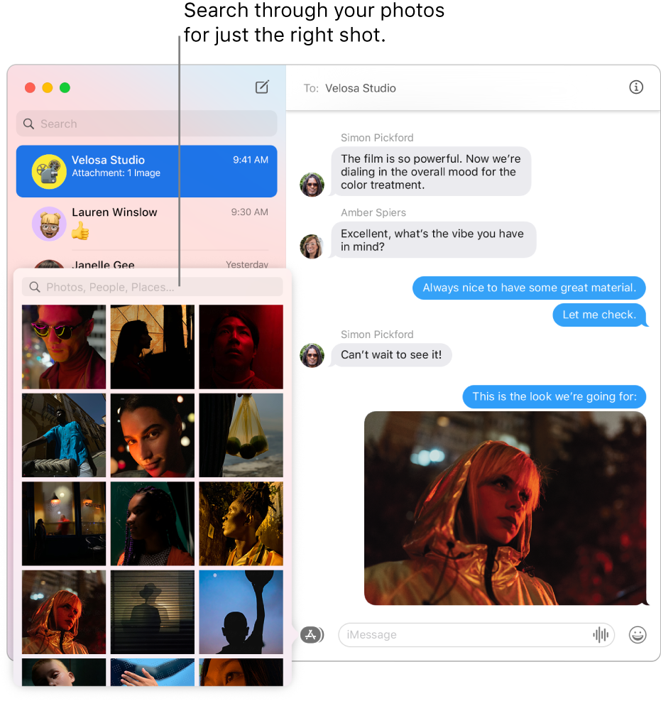 The Messages window with several conversations listed in the sidebar at the left, the search field for searching through your photos, and a conversation showing at the right.