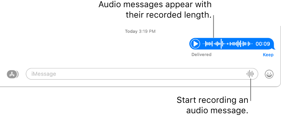 A conversation in the Messages window, showing the Record Audio button next to the text field at the bottom of the window. An audio message appears with its recorded length in the conversation.