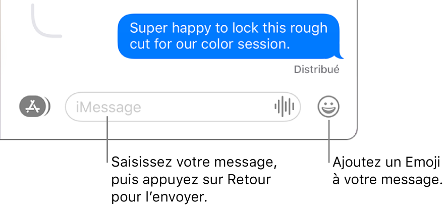 Une conversation dans la fenêtre Messages avec la zone de texte affichée au bas de la fenêtre.