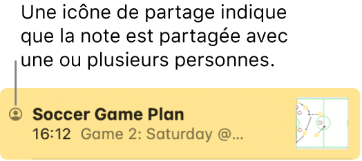 Une note partagée avec d’autres personnes, avec l’icône de partage à gauche du nom de la note.