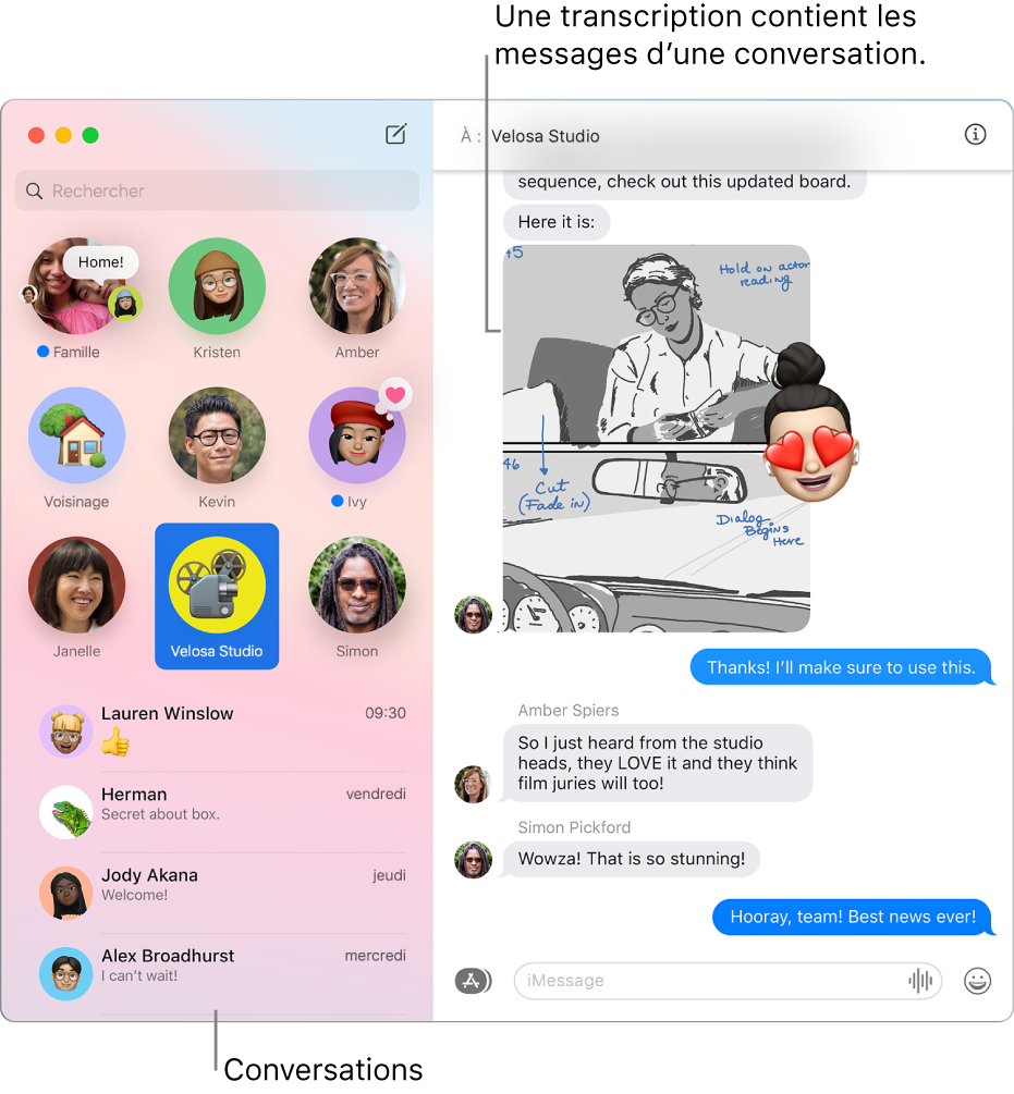 La fenêtre Messages, avec les conversations dans la barre latérale et la transcription contenant les messages de la conversation.