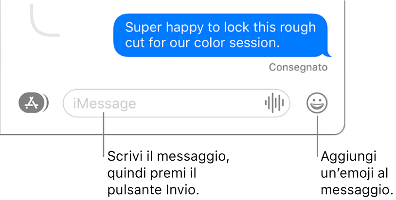 Una conversazione nella finestra Messaggi, con il campo del testo nella parte inferiore.