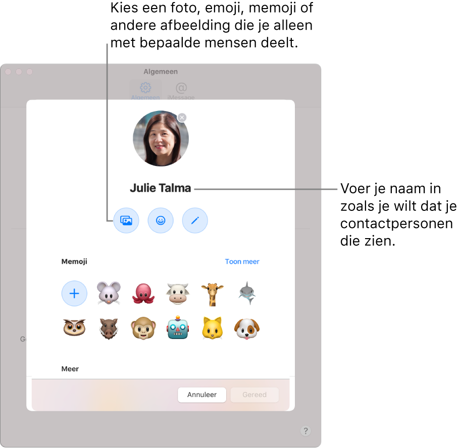 Wanneer je 'Naam en foto delen' configureert, kun je een foto, emoji, memoji of andere afbeelding kiezen die je met bepaalde mensen deelt. Daarnaast kun je je naam invoeren zoals je wilt dat je contactpersonen die zien.