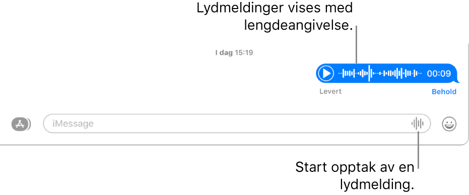 En samtale i Meldinger-vinduet som viser Ta opp lyd-knappen ved siden av tekstfeltet nederst i vinduet. En lydmelding og opptakslengden vises i samtalen.