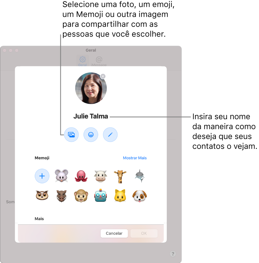 Ao configurar Compartilhar Nome e Foto, você pode escolher uma foto, emoji, Memoji ou outra imagem para compartilhar com quem você escolher. Além disso, digite seu nome como quiser que seus contatos vejam.