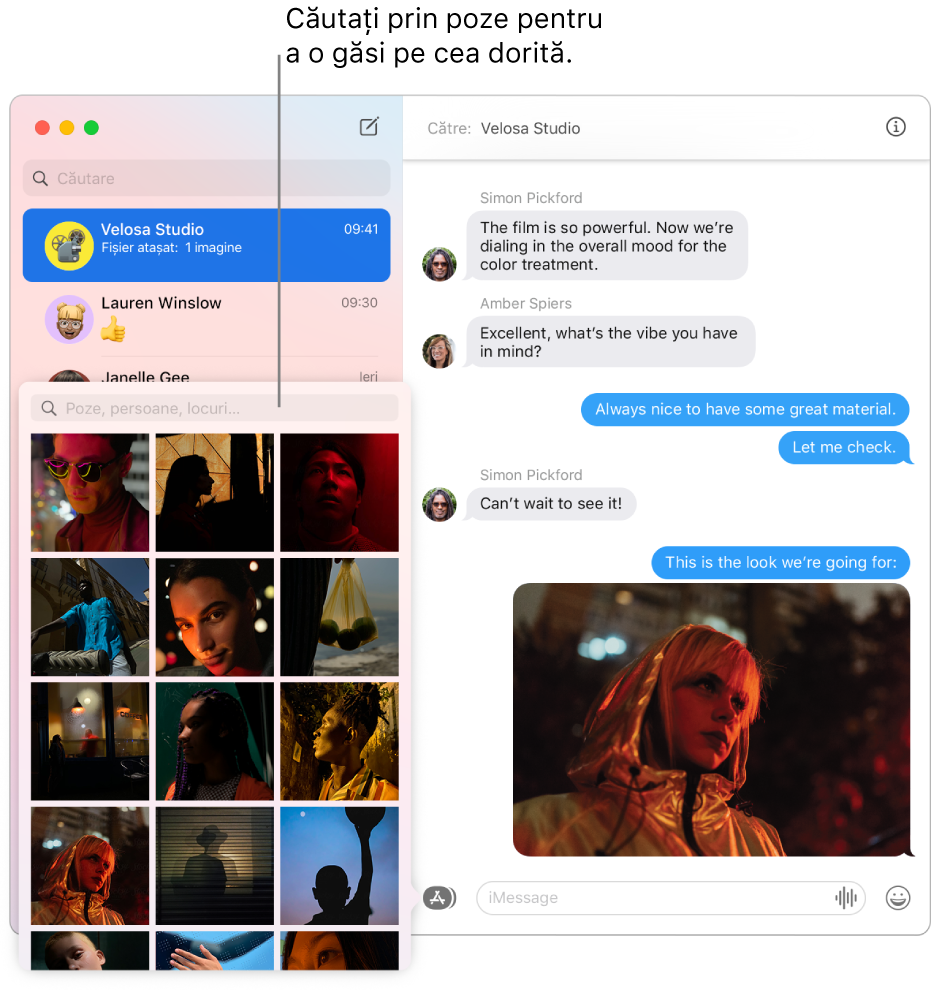 Fereastra Mesaje afișând mai multe conversații în bara laterală din stânga, câmpul de căutare pentru căutarea în poze și o conversație afișată în dreapta.