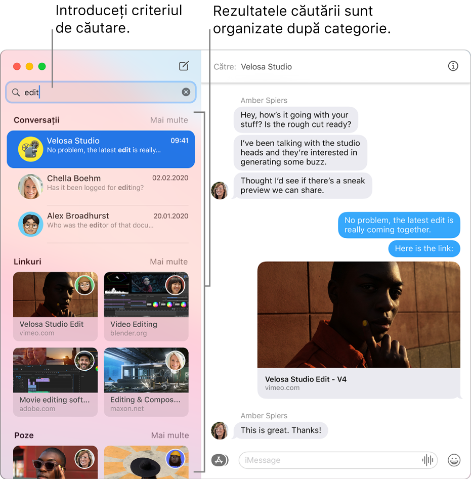 Fereastra Mesaje cu criteriile de căutare introduse în câmpul de căutare din colțul din stânga sus. Rezultatele căutării sunt organizate dedesubt după categorii precum Conversații, Linkuri și Poze.