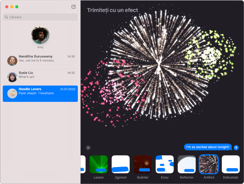 Fereastra Mesaje afișând mai multe conversații în bara laterală din stânga și un efect pentru mesaj, și anume artificii, apărând în conversația din dreapta.