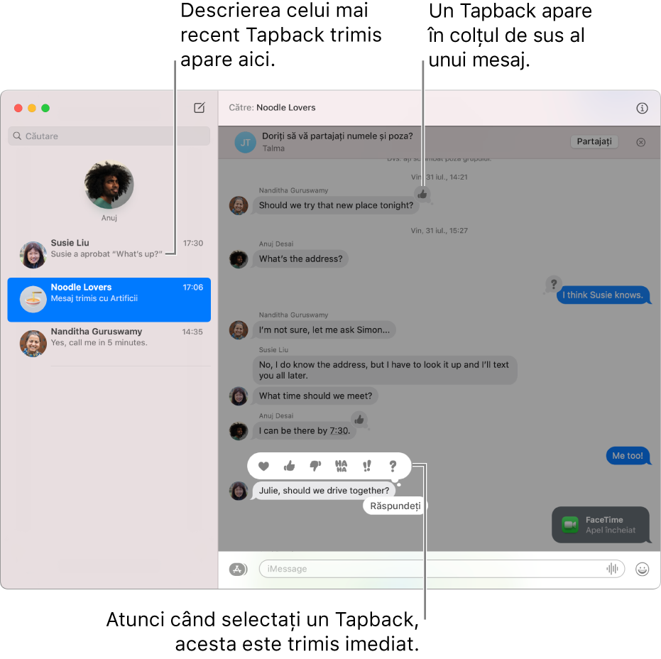 O descriere a celui mai recent Tapback trimis într-o conversație apare în lista din stânga. Tapbackul semn de aprobare apare în colțul de sus al unui mesaj, indicând faptul că ați apreciat mesajul. Un set de opțiuni de Tapback apare deasupra altui mesaj. Opțiunile includ o inimă, un semn de aprobare, un semn de dezaprobare, Ha Ha, semne de exclamare și semnul întrebării.