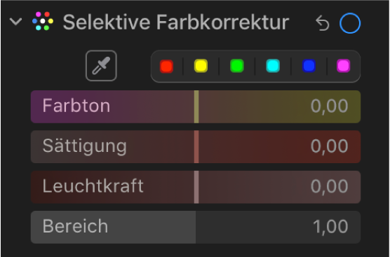 Die Steuerungen „Selektive Farbkorrektur“ im Bereich „Anpassen“ mit den Reglern für Farbton, Sättigung, Leuchtkraft und Bereich.